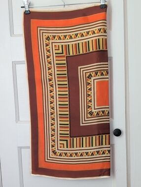 Vintage Scarf Geometric Pattern Orange & Brown Silk Square 25" x 26" Mod 1960